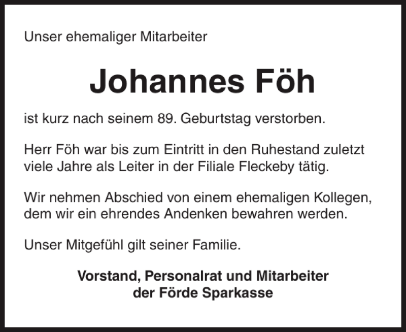  Traueranzeige für Johannes Föh vom 25.07.2015 aus Eckernförder Zeitung
