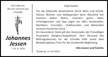 Traueranzeige von Johannes Jessen von Flensburger Tageblatt