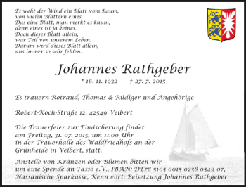 Traueranzeige von Johannes Rathgeber von Landeszeitung
