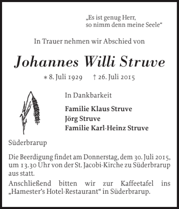 Traueranzeige von Johannes Willi Struve von Schleswiger Nachrichten