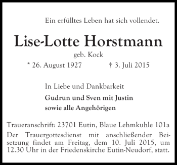 Traueranzeige von Lise-Lotte Horstmann von Ostholsteiner Anzeiger