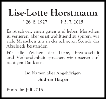 Traueranzeige von Lise-Lotte Horstmann von Ostholsteiner Anzeiger