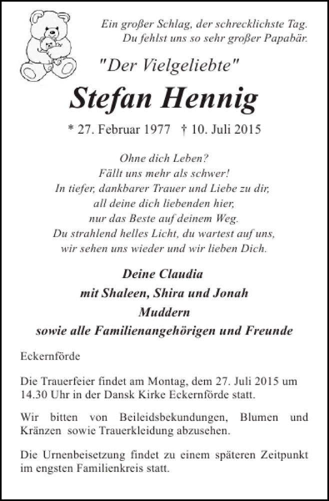  Traueranzeige für Stefan Hennig vom 24.07.2015 aus Eckernförder Zeitung