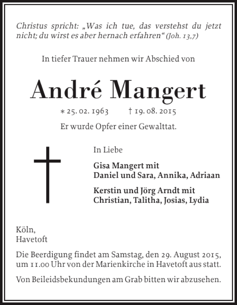  Traueranzeige für André Mangert vom 27.08.2015 aus Schleswiger Nachrichten