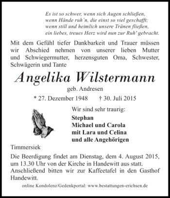 Traueranzeige von Angelika Wilstermann von Flensburger Tageblatt