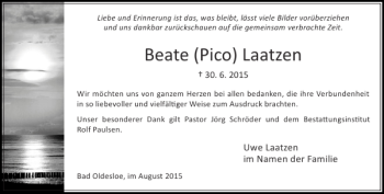 Traueranzeige von Beate (Pico) Laatzen von Stormarner Tageblatt