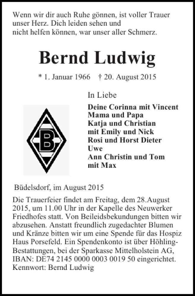  Traueranzeige für Bernd Ludwig vom 25.08.2015 aus Landeszeitung