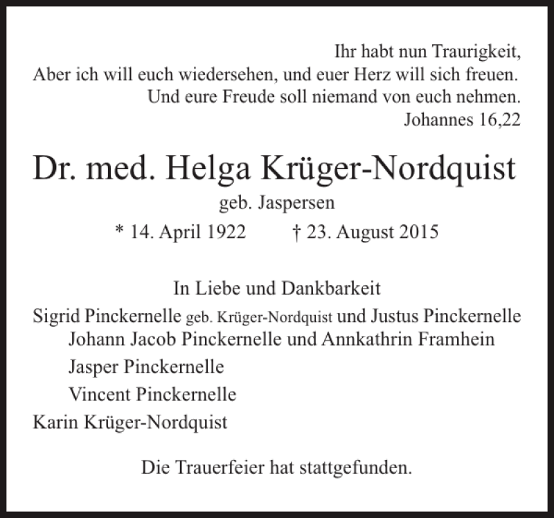  Traueranzeige für Dr. med. Helga Krüger-Nordquist vom 29.08.2015 aus Der Insel-Bote
