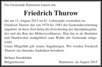 Traueranzeige von Friedrich Thurow von Stormarner Tageblatt