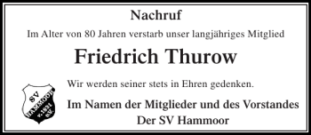 Traueranzeige von Friedrich Thurow von Stormarner Tageblatt