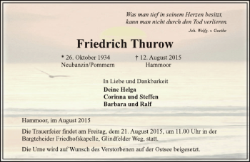 Traueranzeige von Friedrich Thurow von Stormarner Tageblatt
