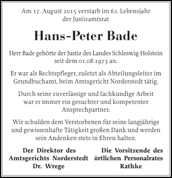 Traueranzeige von Hans-Peter Bade von Stormarner Tageblatt