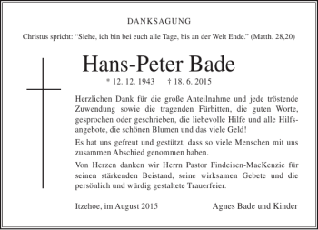 Traueranzeige von Hans-Peter Bade von Norddeutsche Rundschau