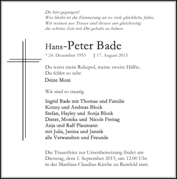 Traueranzeige von Hans-Peter Bade von Stormarner Tageblatt