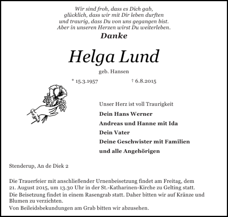  Traueranzeige für Helga Lund vom 15.08.2015 aus Schlei-Bote