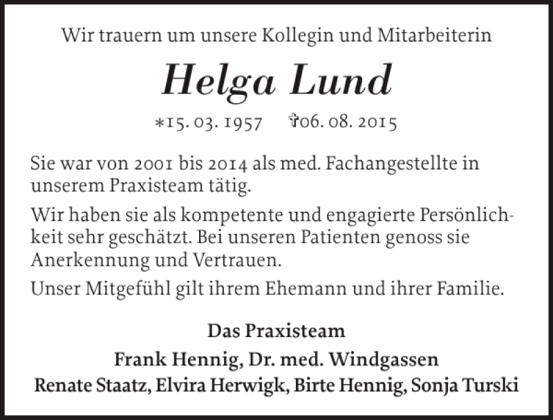  Traueranzeige für Helga Lund vom 15.08.2015 aus Schlei-Bote