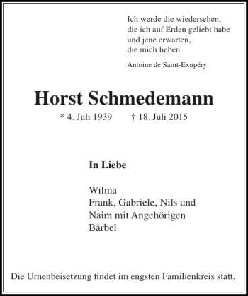 Traueranzeige von Horst Schmedemann von Stormarner Tageblatt