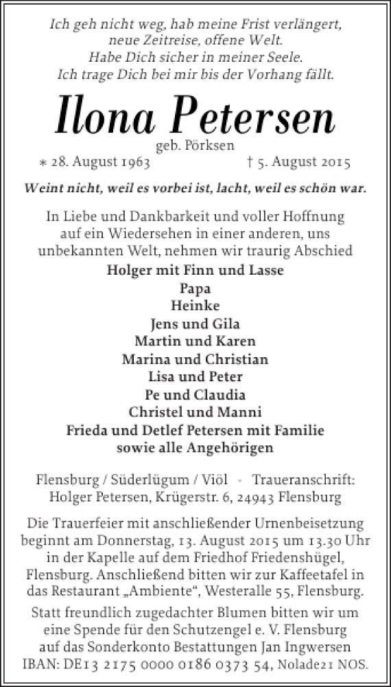  Traueranzeige für Ilona Petersen vom 11.08.2015 aus Flensburger Tageblatt