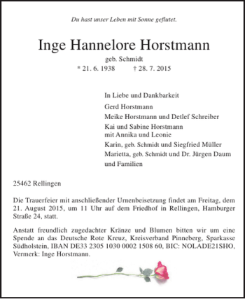Traueranzeige von Inge Hannelore Horstmann von Pinneberger Tageblatt