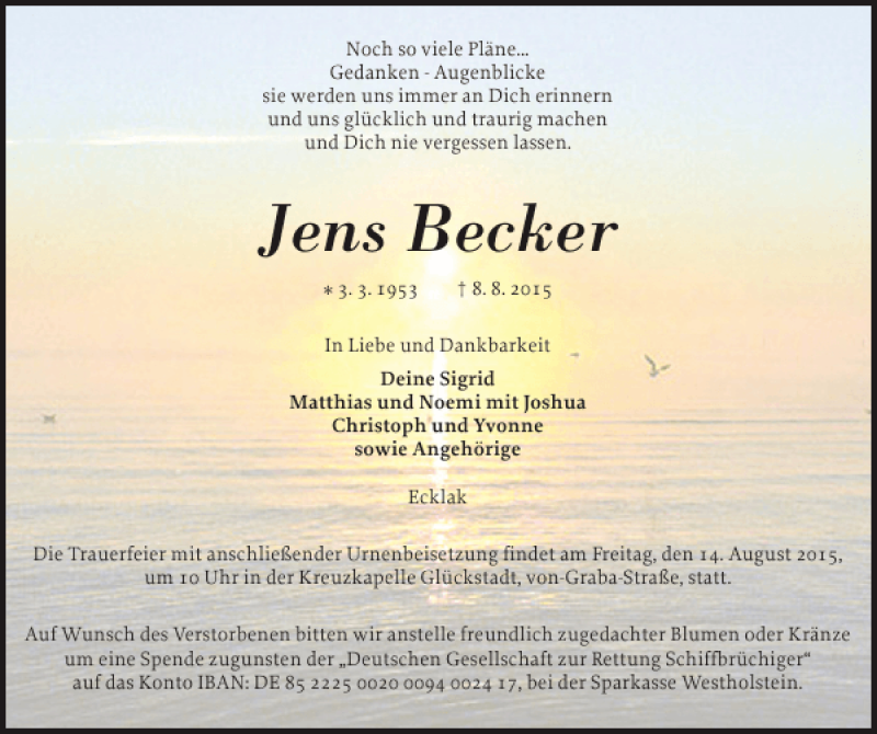  Traueranzeige für Jens Becker vom 11.08.2015 aus Norddeutsche Rundschau