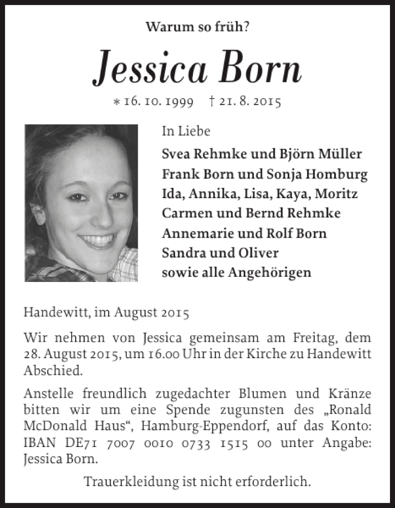  Traueranzeige für Jessica Born vom 25.08.2015 aus Flensburger Tageblatt