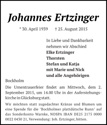 Traueranzeige von Johannes Ertzinger von Flensburger Tageblatt