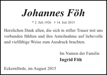 Traueranzeige von Johannes Föh von Eckernförder Zeitung