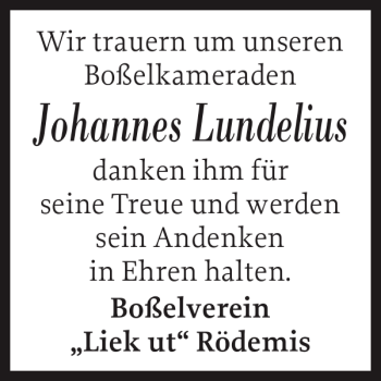 Traueranzeige von Johannes Lundelius von Husumer Nachrichten