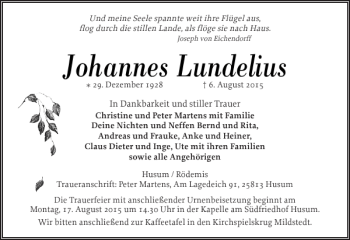 Traueranzeige von Johannes Lundelius von Husumer Nachrichten