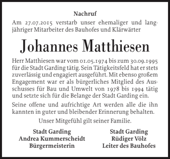 Traueranzeige von Johannes Matthiesen von Husumer Nachrichten