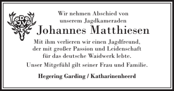 Traueranzeige von Johannes Matthiesen von Husumer Nachrichten