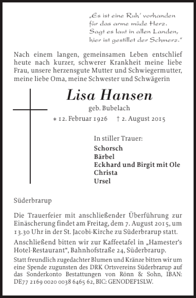  Traueranzeige für Lisa Hansen vom 04.08.2015 aus Flensburger Tageblatt