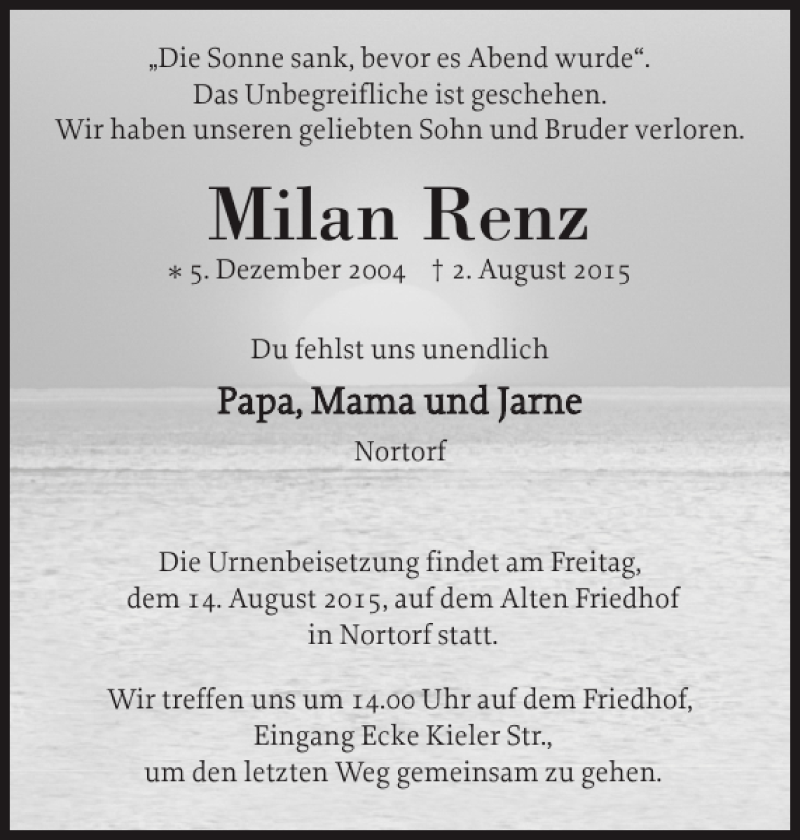  Traueranzeige für Milan Renz vom 08.08.2015 aus Landeszeitung