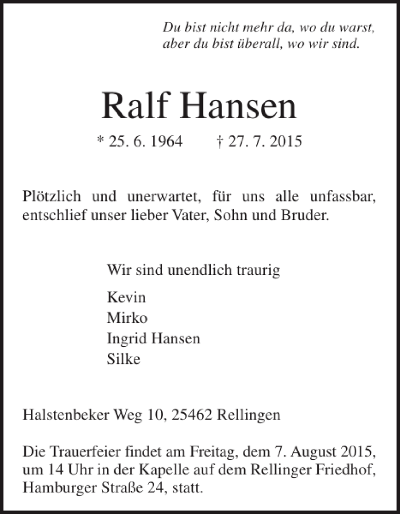  Traueranzeige für Ralf Hansen vom 01.08.2015 aus Pinneberger Tageblatt