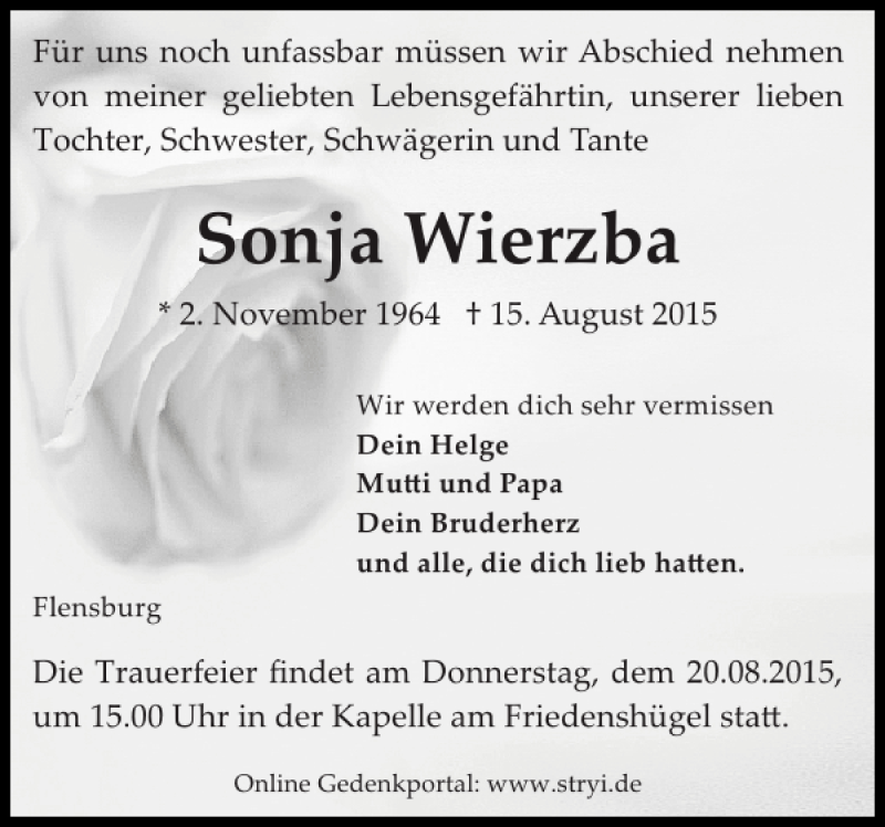  Traueranzeige für Sonja Wierzba vom 18.08.2015 aus Flensburger Tageblatt