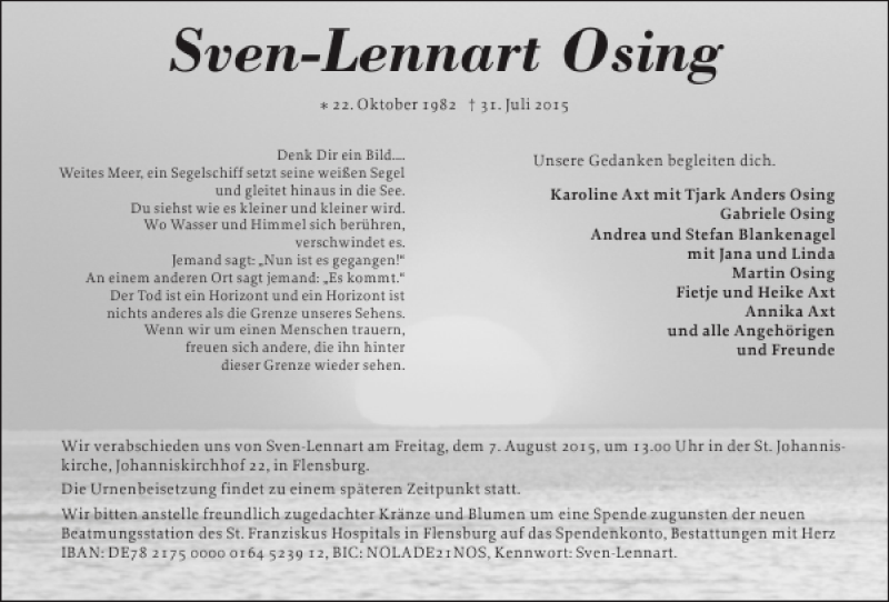  Traueranzeige für Sven-Lennart Osing vom 03.08.2015 aus Flensburger Tageblatt