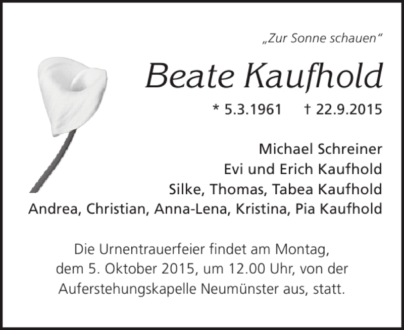  Traueranzeige für Beate Kaufhold vom 26.09.2015 aus Holsteinischer Courier
