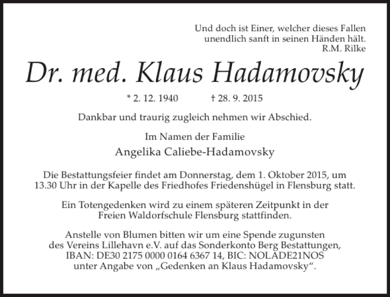 Traueranzeige für Dr. med. Klaus Hadamovsky vom 30.09.2015 aus Flensburger Tageblatt