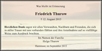 Traueranzeige von Friedrich Thurow von Stormarner Tageblatt
