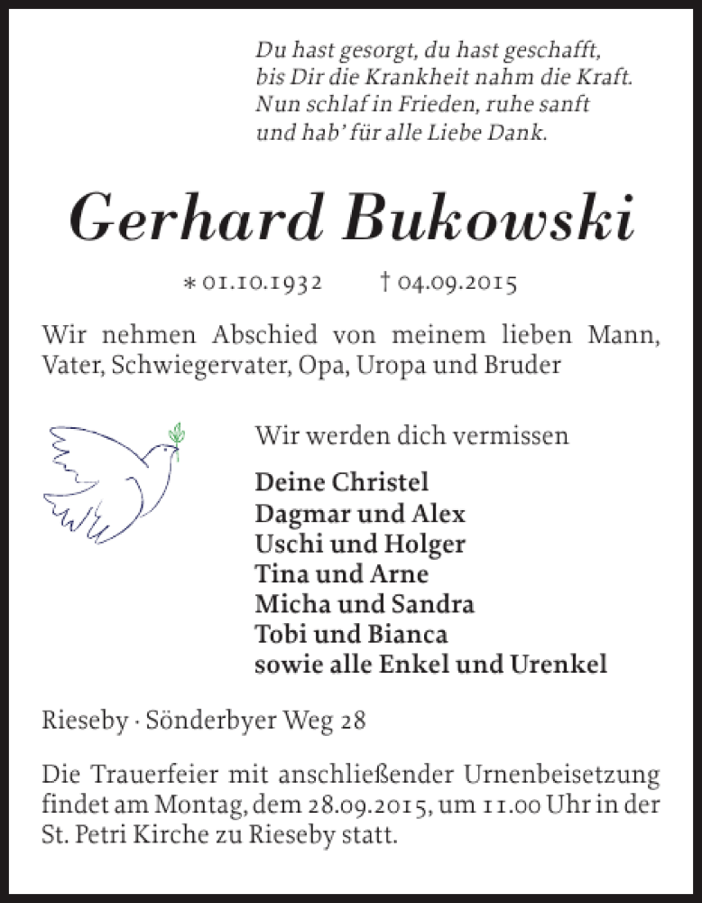  Traueranzeige für Gerhard Bukowski vom 08.09.2015 aus Eckernförder Zeitung