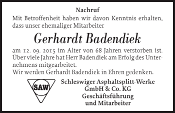 Traueranzeige von Gerhardt Badendiek von Schleswiger Nachrichten