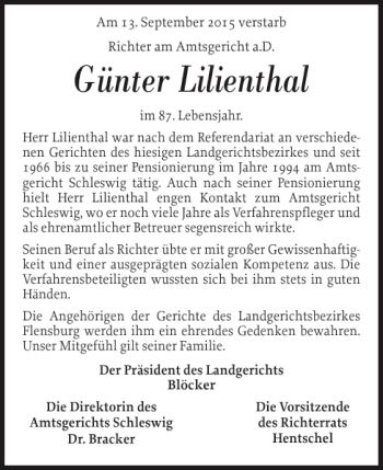 Traueranzeige von Günter Lilienthal von Schleswiger Nachrichten