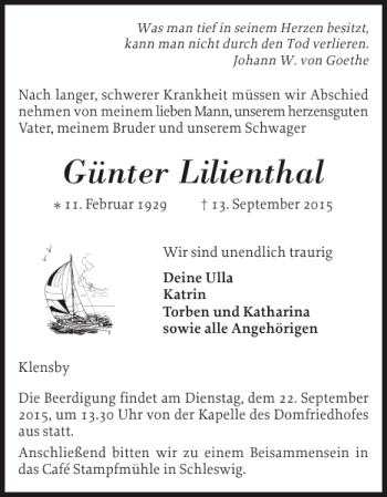Traueranzeige von Günter Lilienthal von Schleswiger Nachrichten