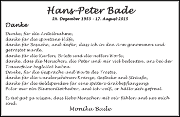 Traueranzeige von Hans-Peter Bade von Stormarner Tageblatt