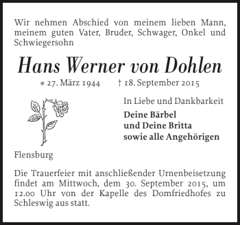 Traueranzeige von Hans Werner von Dohlen von Flensburger Tageblatt