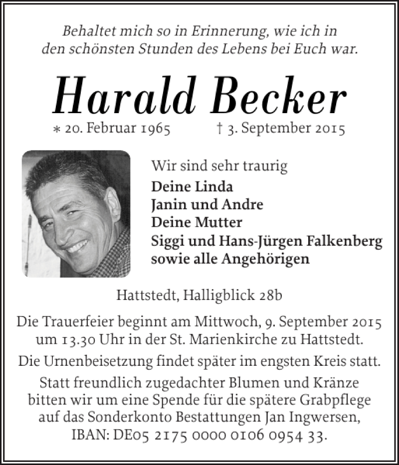  Traueranzeige für Harald Becker vom 07.09.2015 aus Husumer Nachrichten