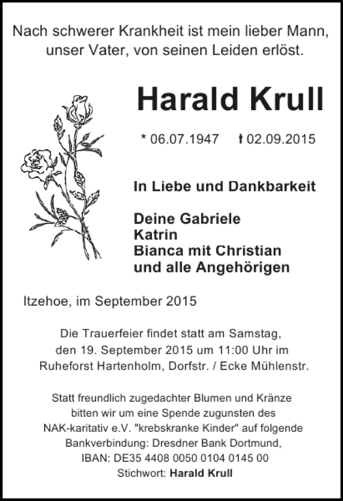  Traueranzeige für Harald Krull vom 16.09.2015 aus Norddeutsche Rundschau