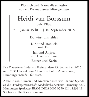 Traueranzeige von Heidi van Borssum von Stormarner Tageblatt