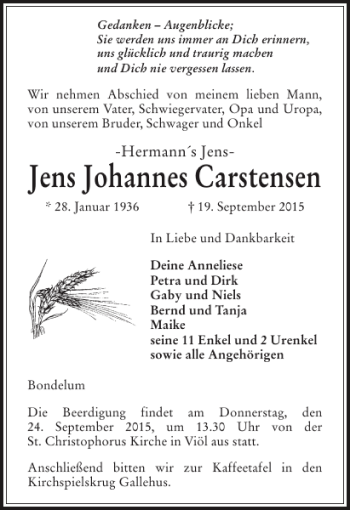 Traueranzeige von Jens Johannes Carstensen von Husumer Nachrichten