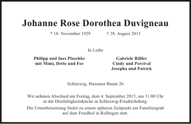  Traueranzeige für Johanne Rose Dorothea Duvigneau vom 01.09.2015 aus Schleswiger Nachrichten